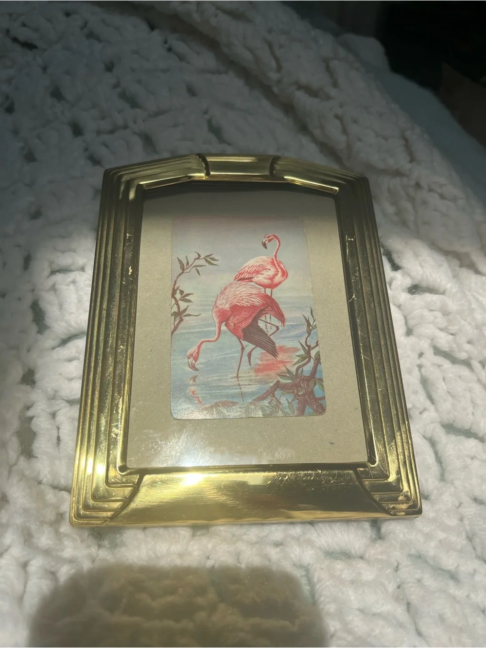 Art Nouveau Solid Brass Frame Vintage Wall Accent with Pink Flamingo Art